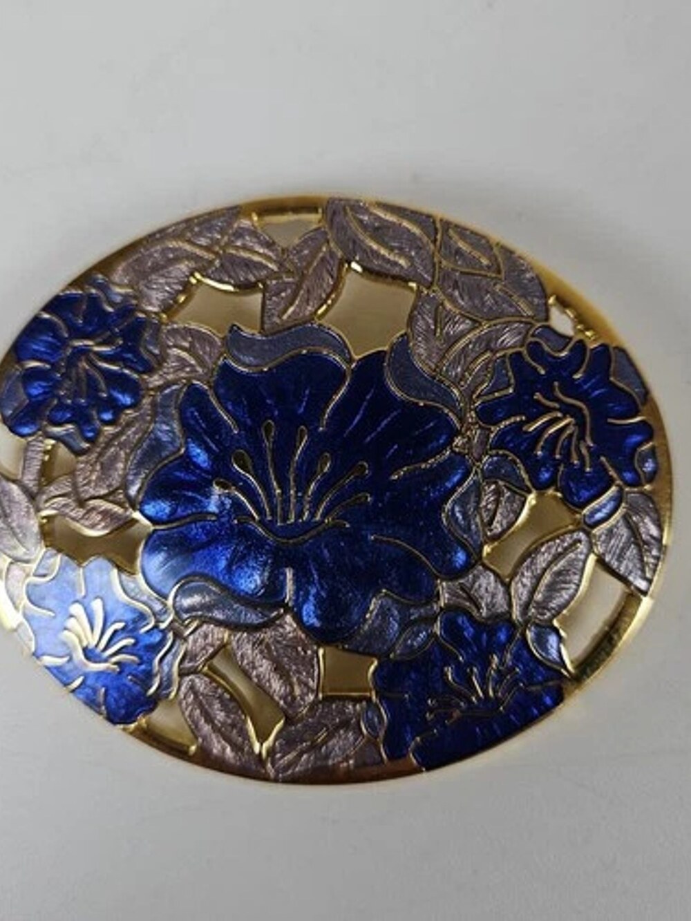 Cloisonne Enamel Floral Oval Brooch Pin Blue Gold Tone Cutout Flower 2.5 Inch